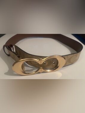Coach NWOT Signature Buckle Belt 25 Mm Size M GOLD KHAKI TAN BROWN SADDLE